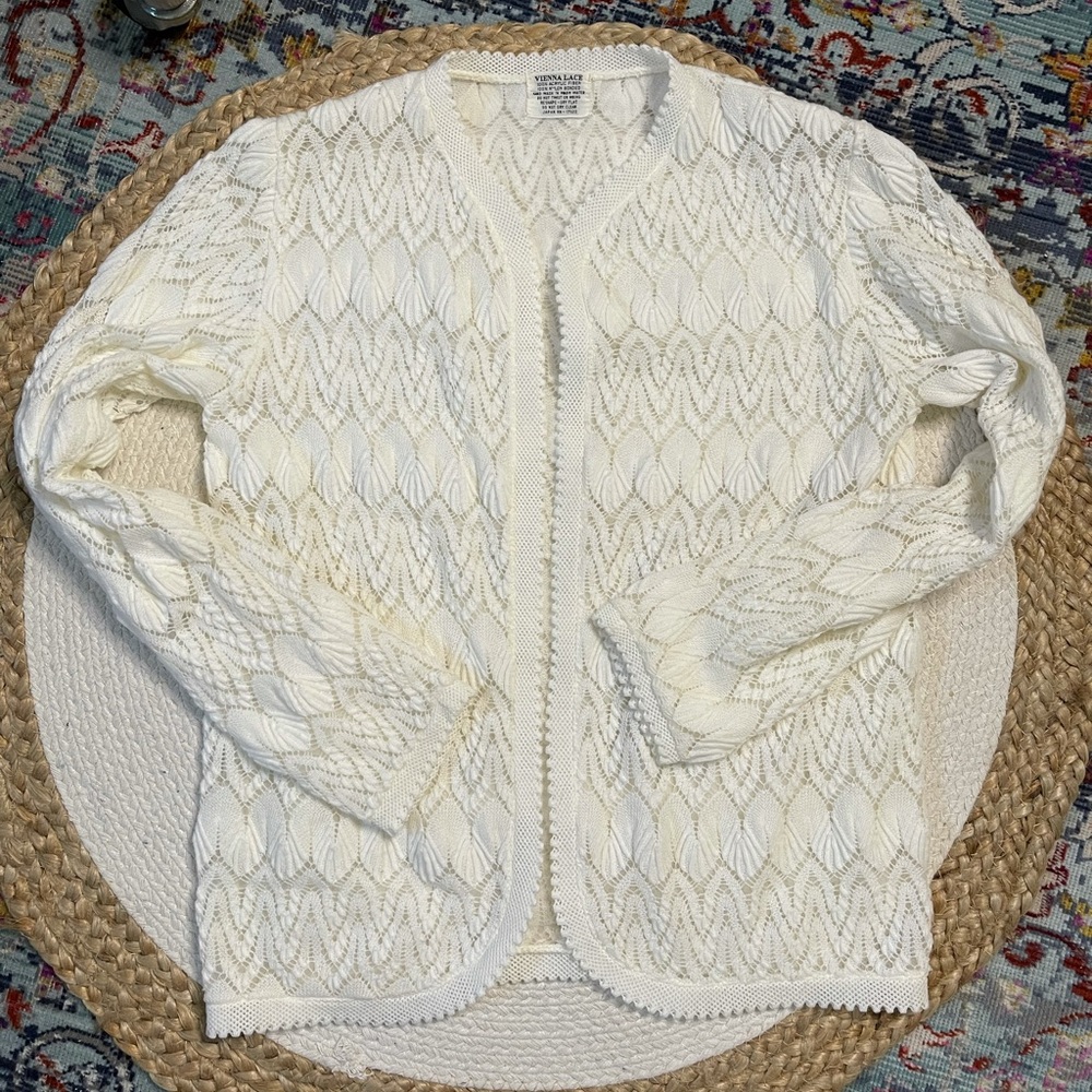Cardigan Sweater Vintage Crochet Vienna Lace Open Sheer Mesh Top B1